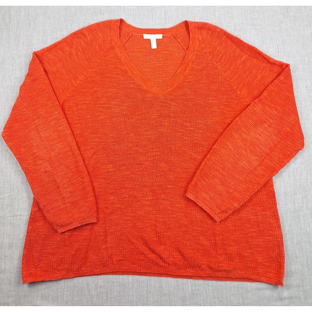 Eileen Fisher Womens XL Organic Linen Cotton V-Neck Sweater Orange F17OTE